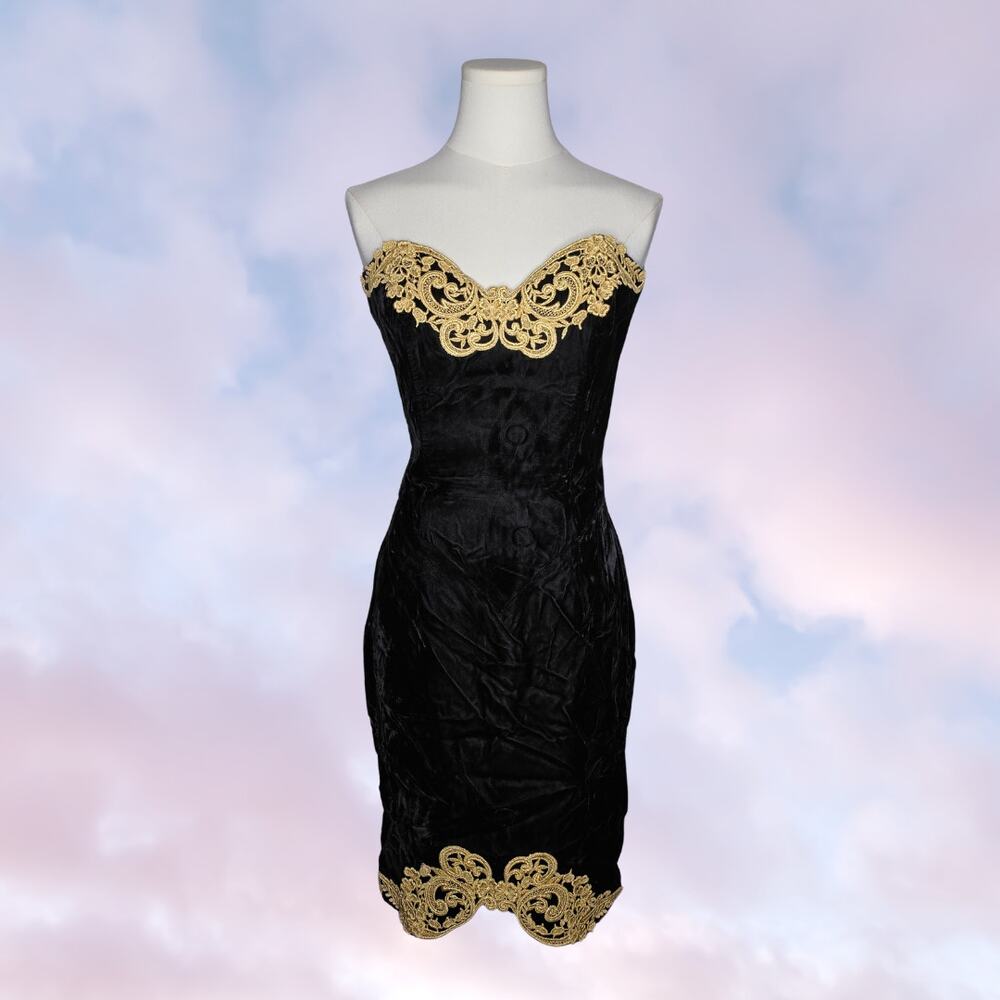 Vtg 80s Jessica McClintock Black Velvet Gold Lace Cocktail Party Dress Womens 10